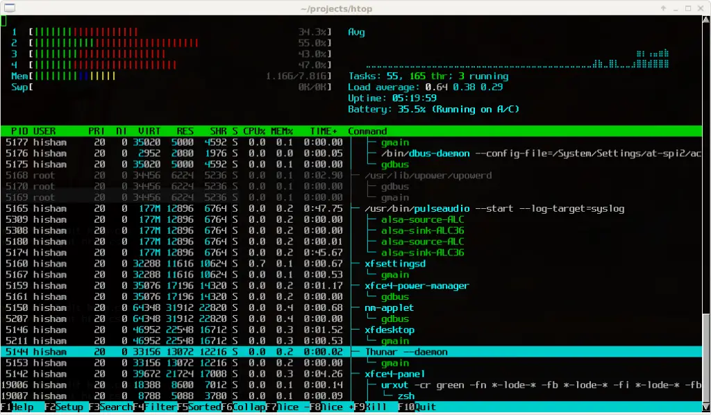 Using htop to monitor Apache bench load testing on an application